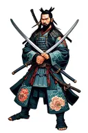 samurai warrior holding 2 swords crossed tattoo design idea