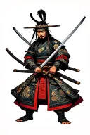 samurai warrior holding 2 swords crossed tattoo design idea