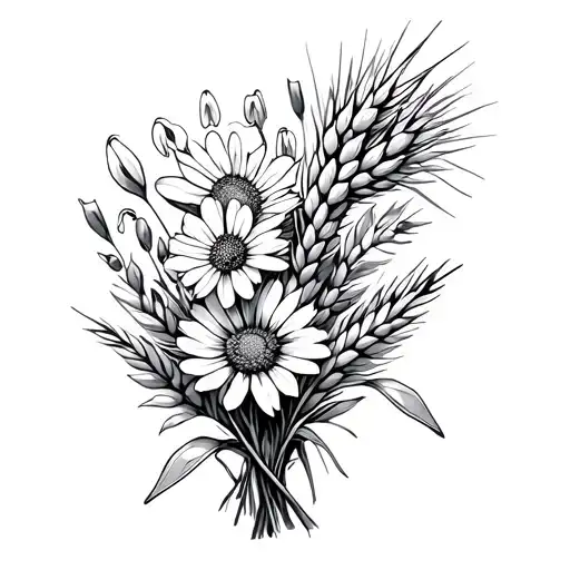 simple lines with wheat, marigold, snowdrop and aster flower bouquet tattoo design idea