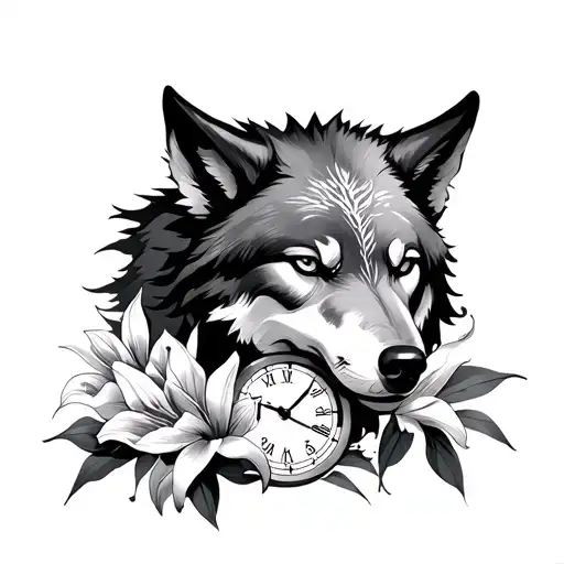 It has to be from de shoulder to the external part of the elbow. The concepts are the wolf Fenrir, a clock and lilies tattoo design idea