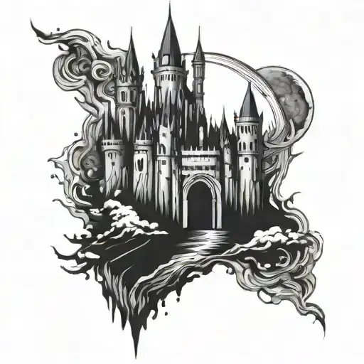 abstract, castle, moon, dark, depression, gothic style tattoo line art, create with just straight lines tattoo design idea