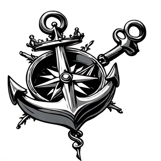 anchor inside compass with crown  tattoo design idea