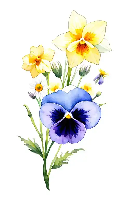 pansies and daffodils and daisies tattoo design idea