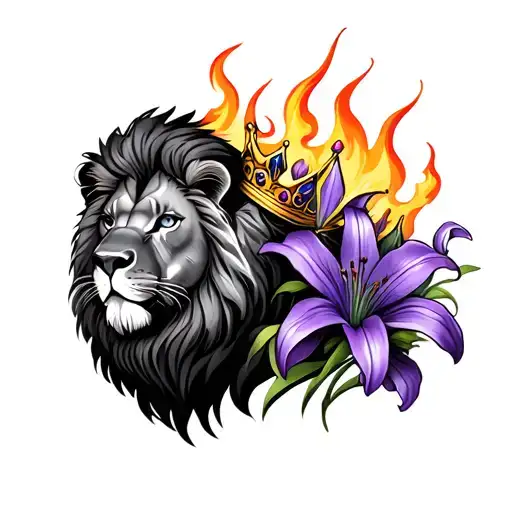 realistic lion with flames for the mane, wearing a gold crown, with realistic purple lillies tattoo design idea
