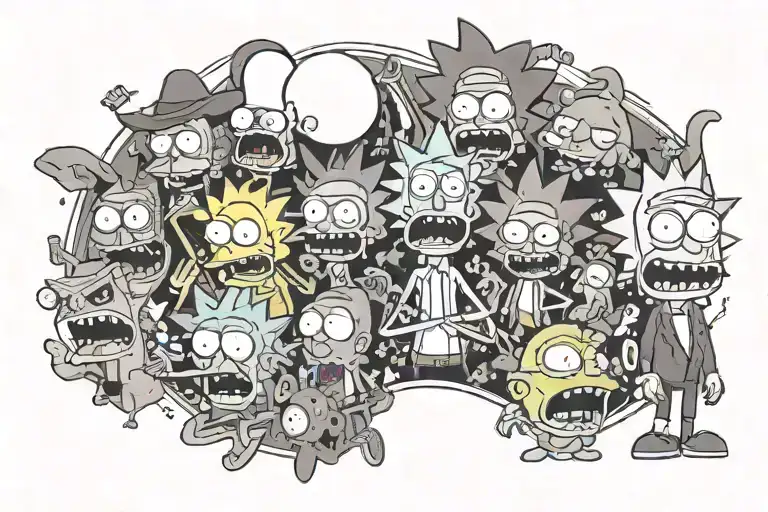 Can you please make me Rick and Morty, SpongeBob characters (all different aesthetics), courage the cowardly dog tattoo design idea