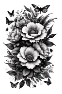 upper half of arm sleeve of flowers with drangonflys and butterflies and lady bugs with some small birds  tattoo design idea