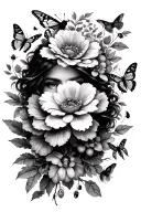 upper half of arm sleeve of flowers with drangonflys and butterflies and lady bugs with some small birds  tattoo design idea