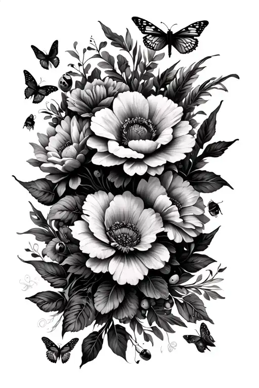 upper half of arm sleeve of flowers with drangonflys and butterflies and lady bugs with some small birds  tattoo design idea