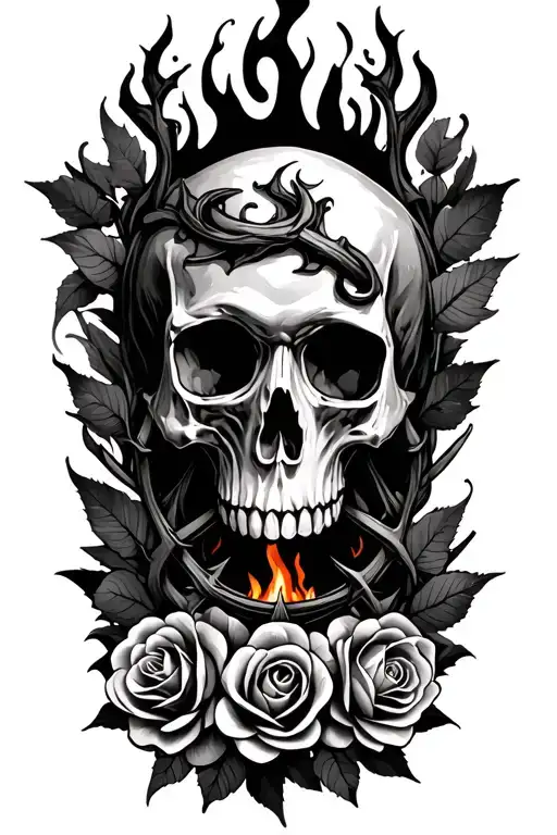 Skull leaves fire coals thorns roses tattoo design idea
