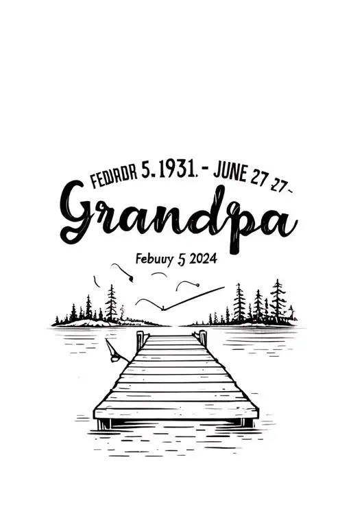 Grandpa memorial tattoo. Feb 5 1931-June 27, 2024. Outdoors, hunting, fishing, camping, lake, wooden pier over the lake, tattoo design idea
