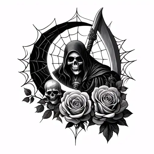 Design a dark Gothic tattoo featuring webs, deathcard ,the moon, roses, crushed skulls and a grim reaper a a scythe tattoo design idea