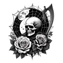 Design a dark Gothic tattoo featuring webs, deathcard ,the moon, roses, crushed skulls and a grim reaper a a scythe tattoo design idea