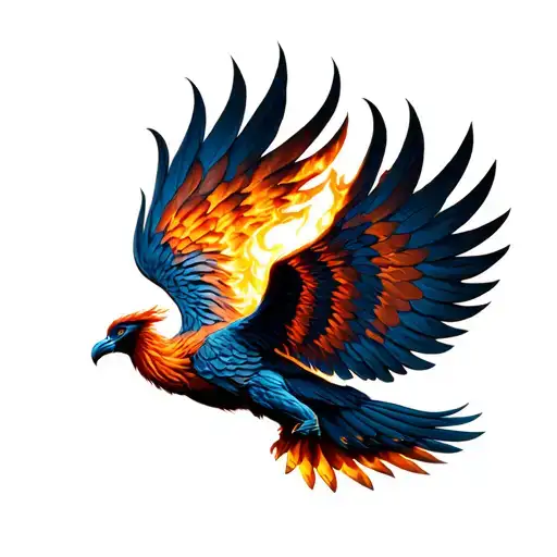 A majestic phoenix rises from the flames, its wings still glowing and half-spread, as the golden light of dawn illuminat tattoo design idea