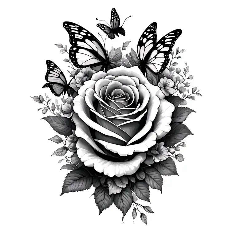 roses and butterflies surrounding tattoo design idea