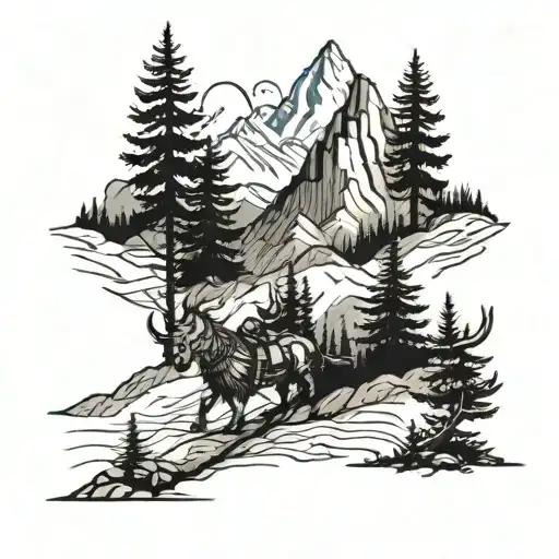 A Viking walking towards a massive mountain with pine trees lining the path, symbolizing the journey of facing and overcoming challenges in life tattoo design idea