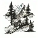 A Viking walking towards a massive mountain with pine trees lining the path, symbolizing the journey of facing and overcoming challenges in life tattoo design idea
