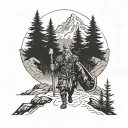 A Viking walking towards a massive mountain with pine trees lining the path, symbolizing the journey of facing and overcoming challenges in life tattoo design idea