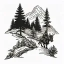 A Viking walking towards a massive mountain with pine trees lining the path, symbolizing the journey of facing and overcoming challenges in life tattoo design idea