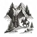 A Viking walking towards a massive mountain with pine trees lining the path, symbolizing the journey of facing and overcoming challenges in life tattoo design idea
