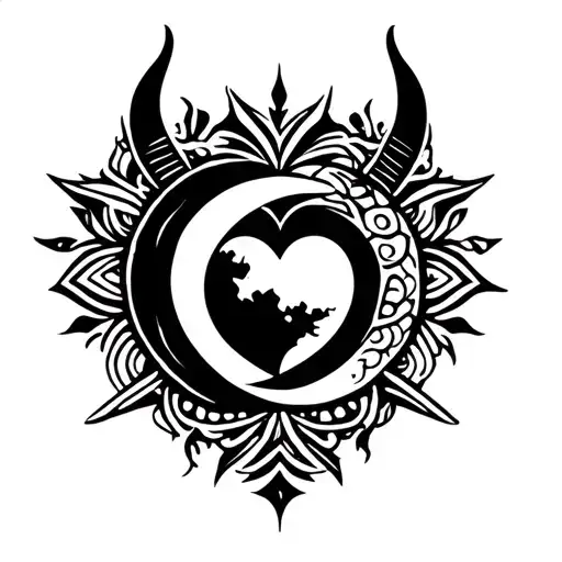 a womb tattoo, crescent moon facing up, nestled in a heart in the middle, shaped like a horned heart, flanked by stylize tattoo design idea