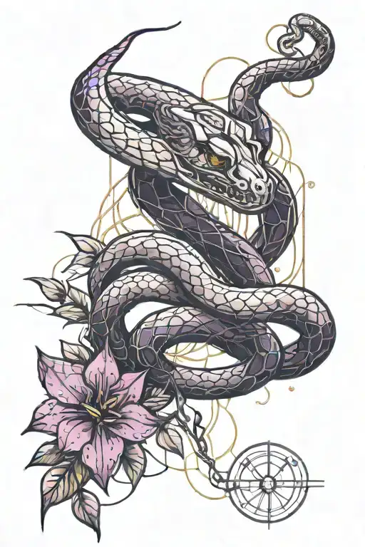 Snake and purple flowers and branches tattoo design idea