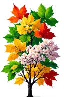 tree with cherry blossoms, dogwood, green maple leaves, yellow maple leaves, and red maple leaves tattoo design idea