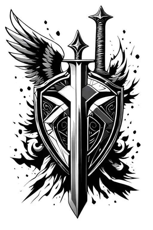 guardian angel sword shield cross tattoo design idea