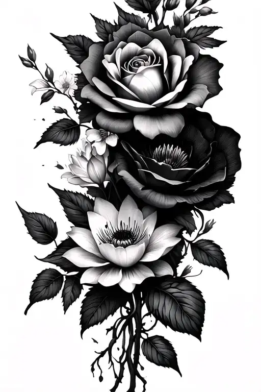 climbing up forearm whimsical rose, waterlilly, poppy, gladiolus, cherry blossoms  tattoo design idea