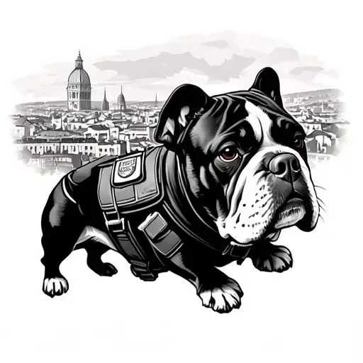 An elegant blackwork tattoo of a bulldog wearing a service dog vest, with the skyline of Florence, Italy in the background tattoo design idea