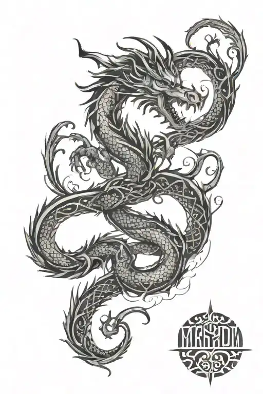 dragon tattoo on the back with abstract patterns on two halves of the back, mirrored tattoo design idea