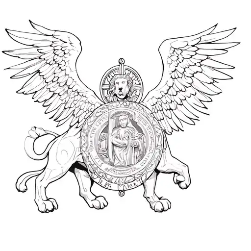arch angel, lion and st benedict medal tattoo design idea