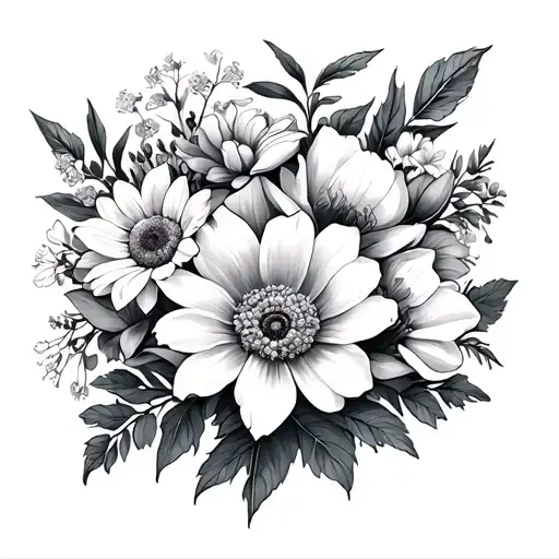 flowere arm sleeve with bells of Ireland, Chrysanthemum, daffodil, lupine, magnolia, Yarrow, tulip tattoo design idea