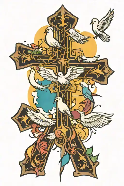 A cross with doves flying and lights tattoo design idea