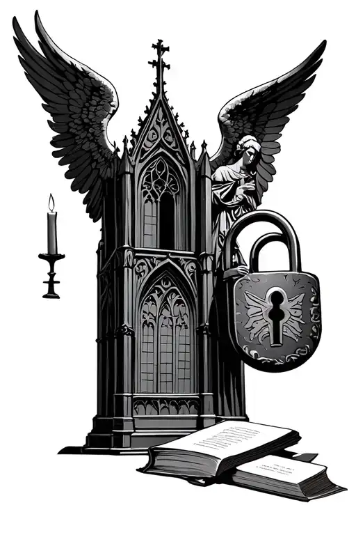 gothic cathedral, book, candle, lock, angel, statue  tattoo design idea