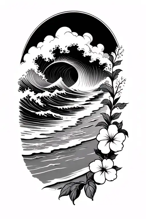 waves crashing on the beach with small hibiscus vine on right side tattoo design idea