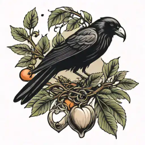 raven with keys and ribbon surrounded by apple tree branches tattoo design idea