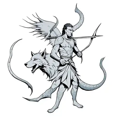 a warrior with devil's bow and arrow and wolf is behind the warrior and snake is in the arrow  tattoo design idea