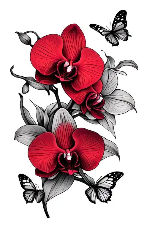 orchid flowers tattoo wrapped around forearm with butterflies red and black color tattoo design idea