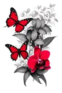 orchid flowers tattoo wrapped around forearm with butterflies red and black color tattoo design idea