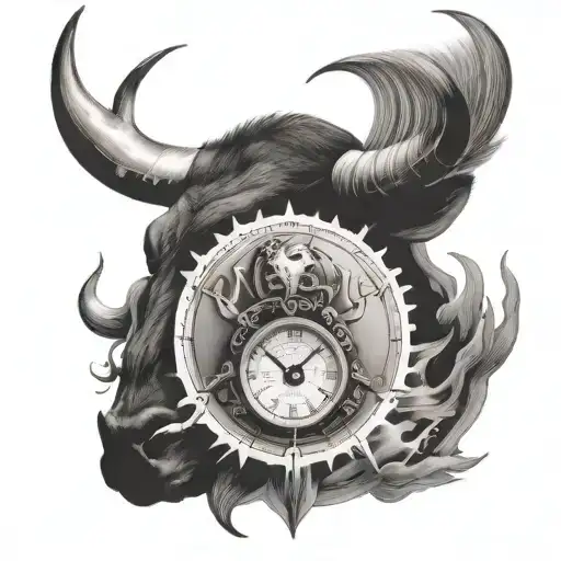 a bull head with a globe and clock tattoo design idea