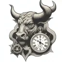 a bull head with a globe and clock tattoo design idea