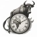 a bull head with a globe and clock tattoo design idea