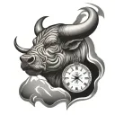 a bull head with a globe and clock tattoo design idea