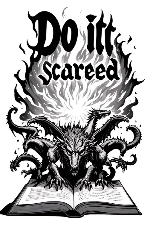 "Do it scared" open book with a fireball, werewolves and dragons poping out tattoo design idea