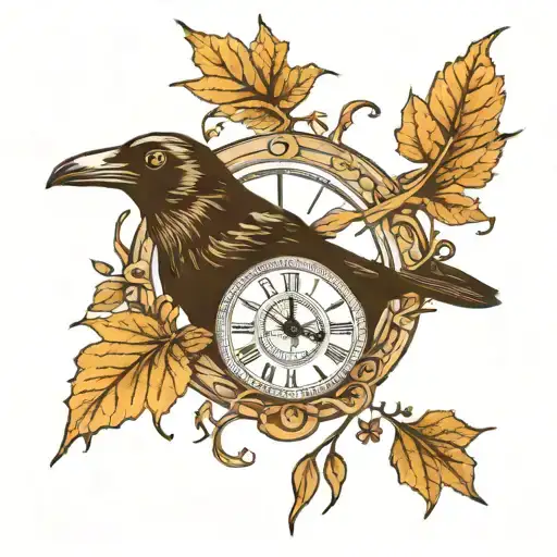 a crow, a clock, human eye inside clock, leaves, nature. non color tattoo. tattoo design idea