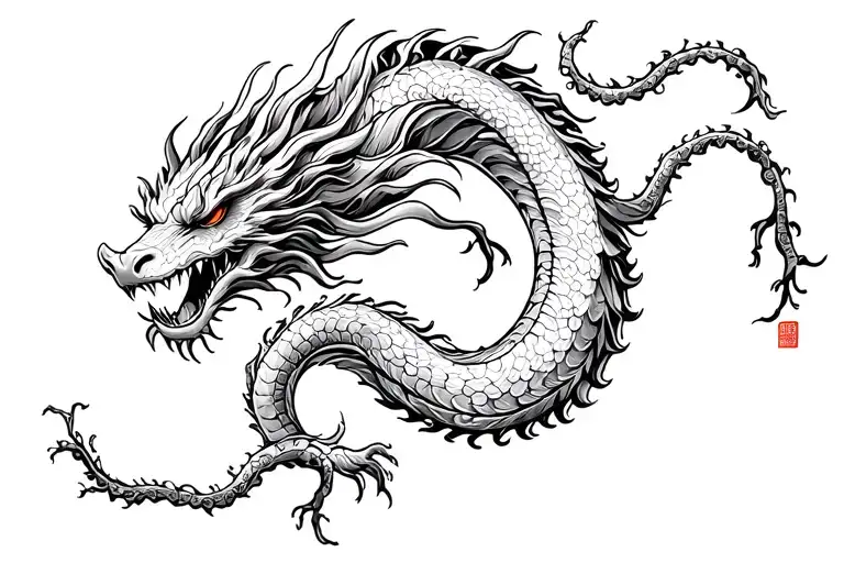 China dragon long thin moonflower vine wrapping its tentacles tattoo design idea