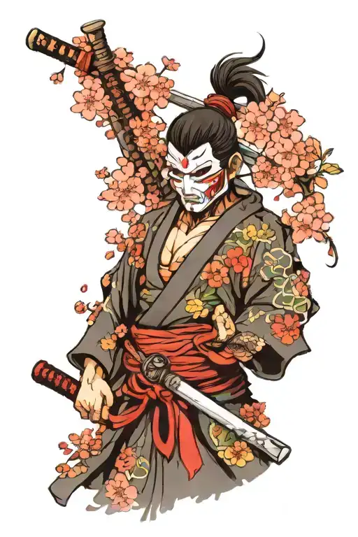 masked Samurai with bloody cherry blossoms on his side. this is after a war, with a temple behind him tattoo design idea