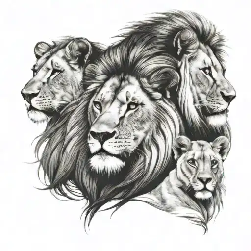 male lion, female lion, two cubs, blue eyes looking tattoo design idea