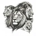 male lion, female lion, two cubs, blue eyes looking tattoo design idea