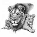male lion, female lion, two cubs, blue eyes looking tattoo design idea